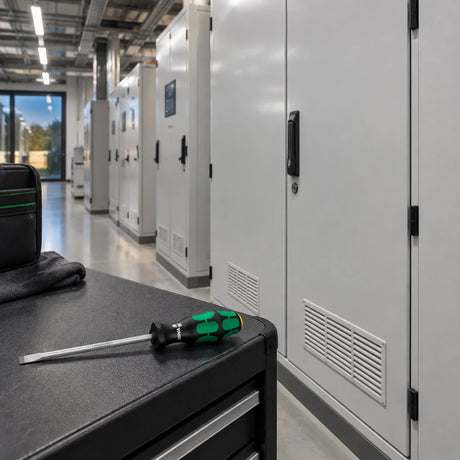 Completed plant-room service cover with a Wera 334 slotted screwdriver resting on the maintenance bench.