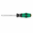 Wera 334 Kraftform Plus Lasertip slotted screwdriver with black and green handle on a white background.