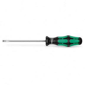 Wera 1334 Kraftform Comfort slotted screwdriver with black and green ergonomic handle on a white background