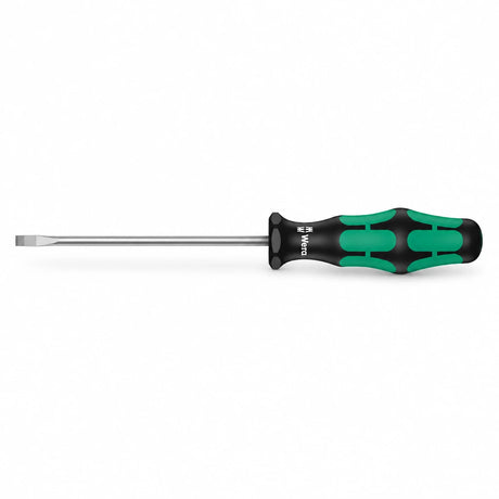 Wera 1334 Kraftform Comfort slotted screwdriver with black and green ergonomic handle on a white background