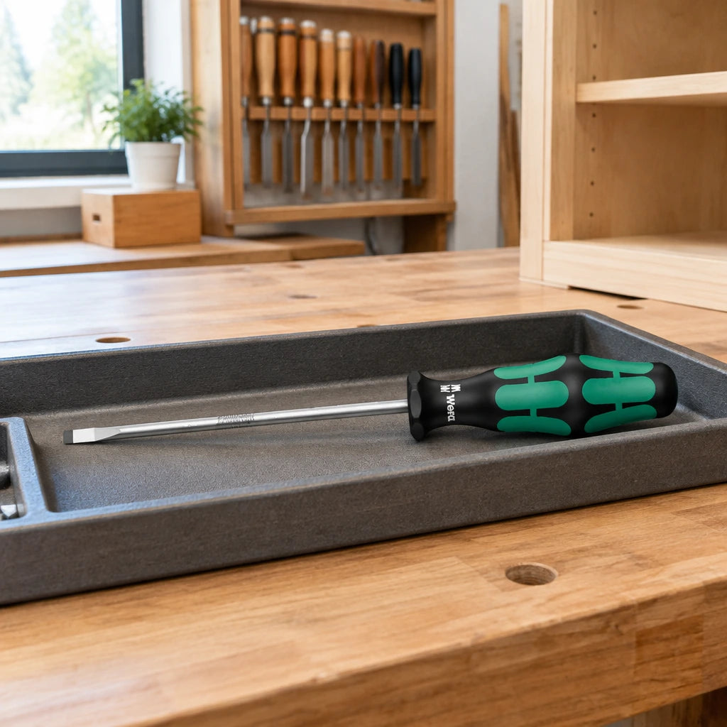 Wera slotted screwdriver resting in a hand-tool tray on an organised cabinetmaking workbench