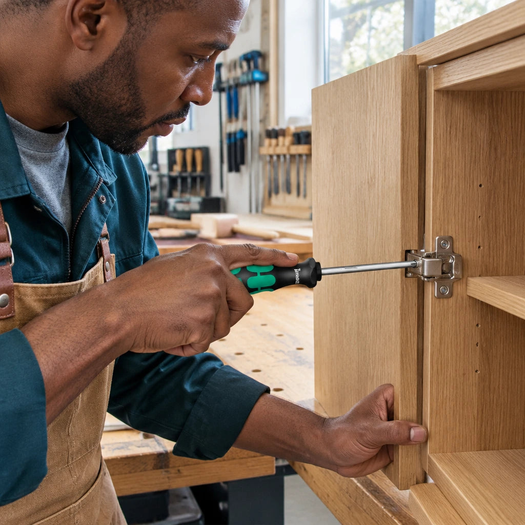 African American cabinetmaker using a Wera slotted screwdriver to tighten a cabinet hinge screw in a refined workshop