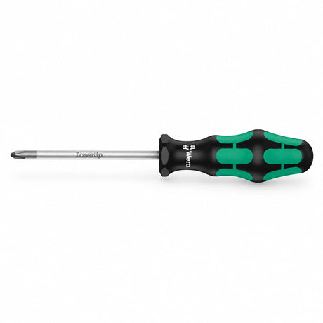Wera Kraftform Plus Lasertip Phillips screwdriver with green-and-black Kraftform handle on a white background