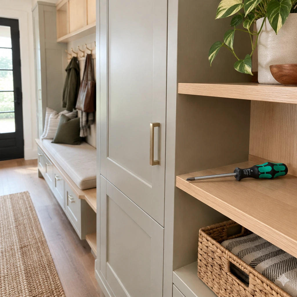 Aligned built-in cabinet with a Wera Phillips screwdriver resting nearby after repair.