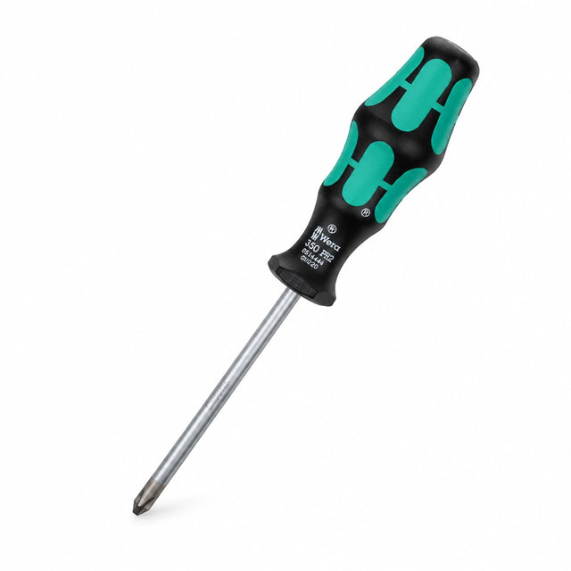 Wera Kraftform Comfort Phillips screwdriver with black and turquoise handle on a white background.