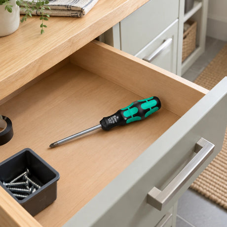 Wera Phillips screwdriver resting in an organised home utility-room maintenance drawer.