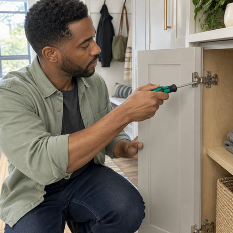 African American homeowner tightening a cabinet hinge screw with a Wera Phillips screwdriver.