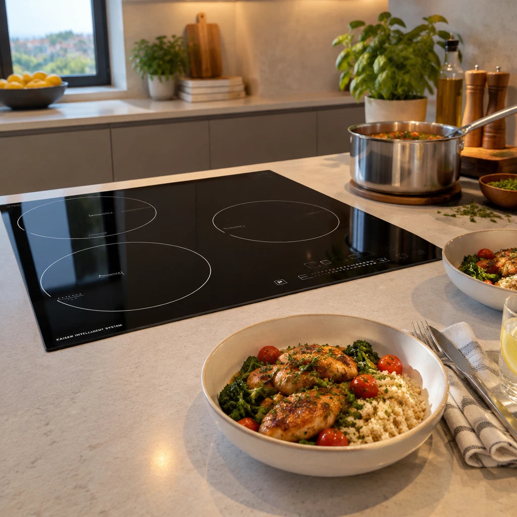 Finished meal served beside the inactive Kaiser three-zone induction hob in a contemporary kitchen.