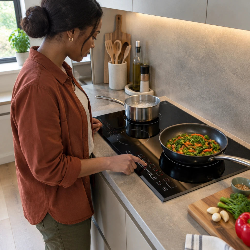 African American home cook using the Kaiser three-zone induction hob to heat two pans