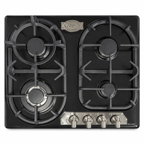 Kaiser Empire Black Silver 60cm four-burner gas hob with front-mounted metallic control knobs on white background