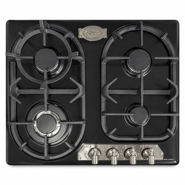 Kaiser Empire Black Silver 60cm four-burner gas hob with front-mounted metallic control knobs on white background