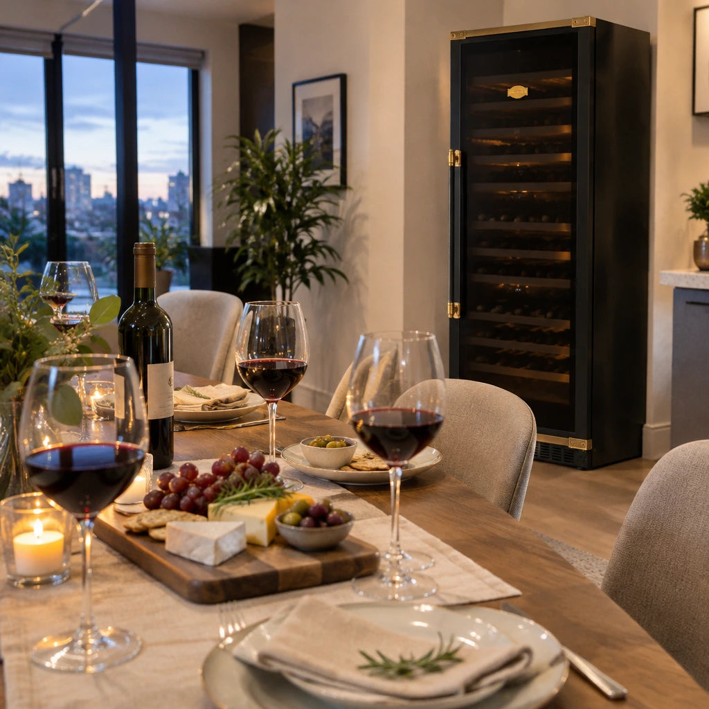 Ready home wine tasting table with the closed Kaiser Art Deco wine cooler visible in the adjoining dining area.