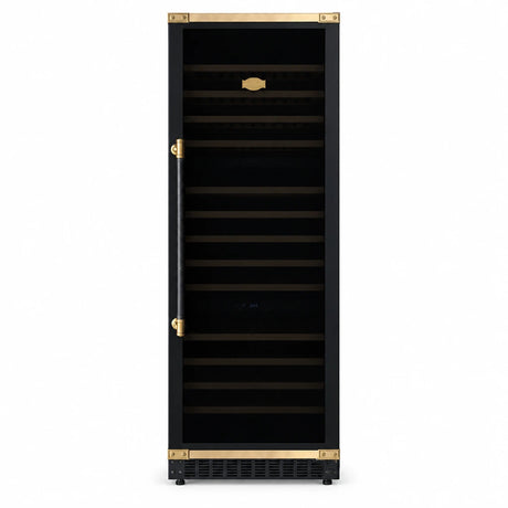 Kaiser Art Deco K 64833 AD black 3-zone wine cooler with gold trim shown closed on a white background.