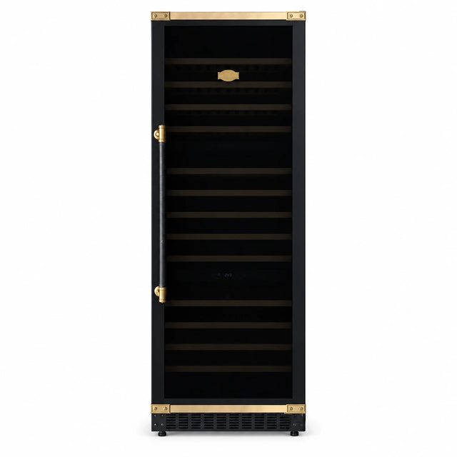 Kaiser Art Deco K 64833 AD black 3-zone wine cooler with gold trim shown closed on a white background.