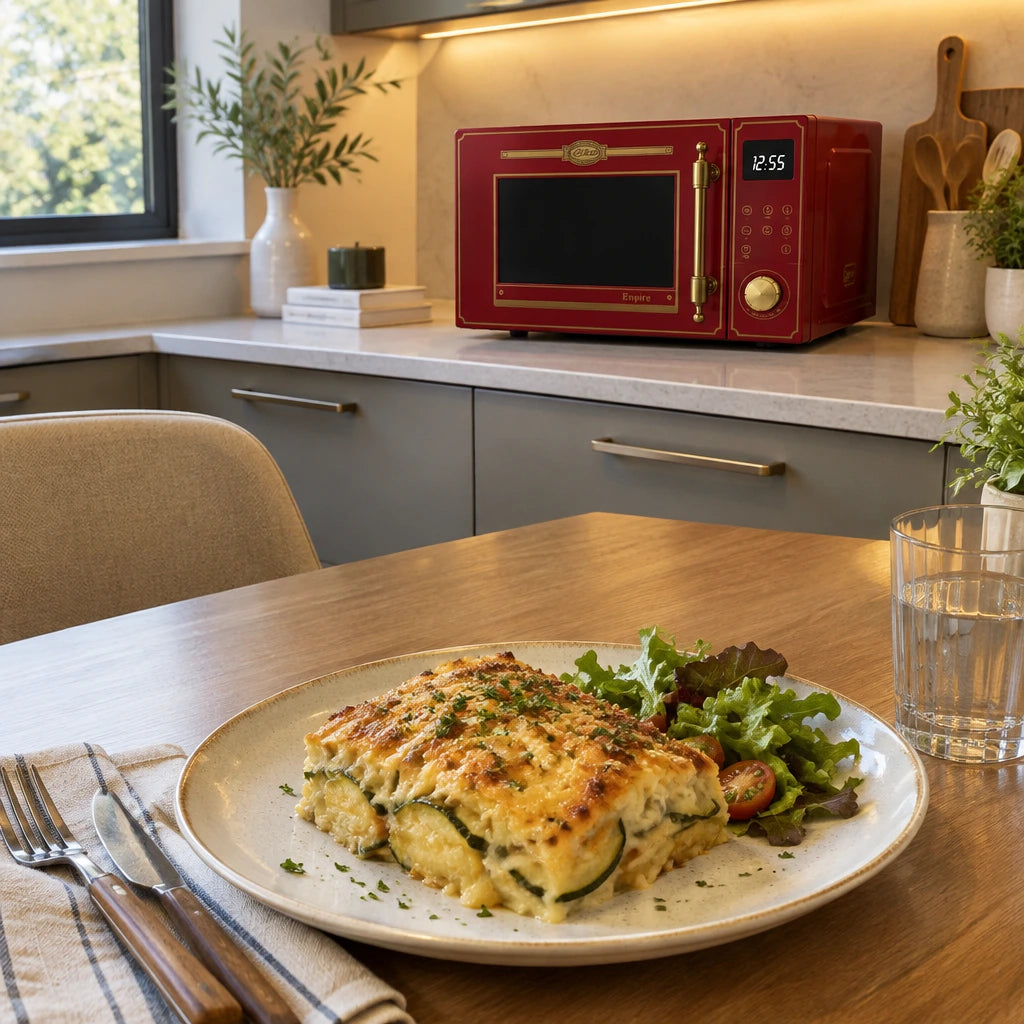 Finished browned vegetable gratin served beside a closed Bordeaux Red Kaiser Empire microwave in a contemporary kitchen
