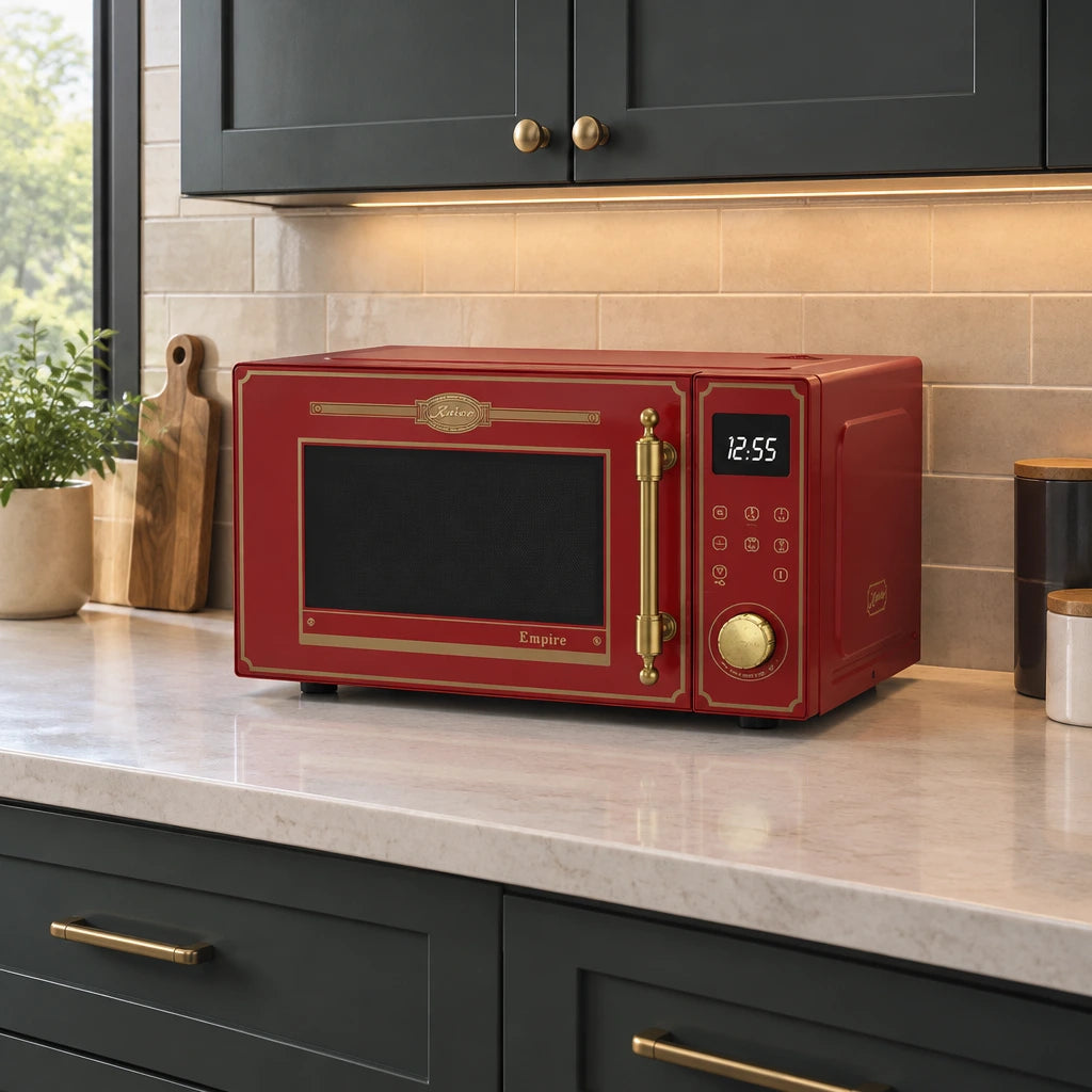 Bordeaux Red Kaiser Empire freestanding microwave resting on a refined contemporary kitchen countertop