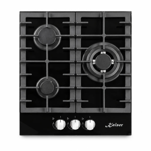 Kaiser Grand Chef 45cm black three-burner gas hob with metal controls on white background