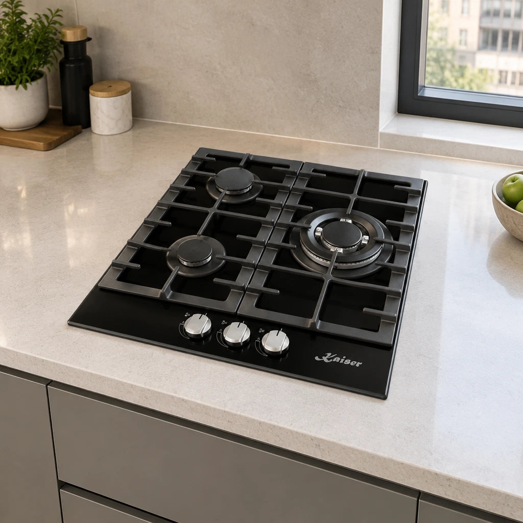 Kaiser black three-burner gas hob installed in a contemporary apartment kitchen peninsula