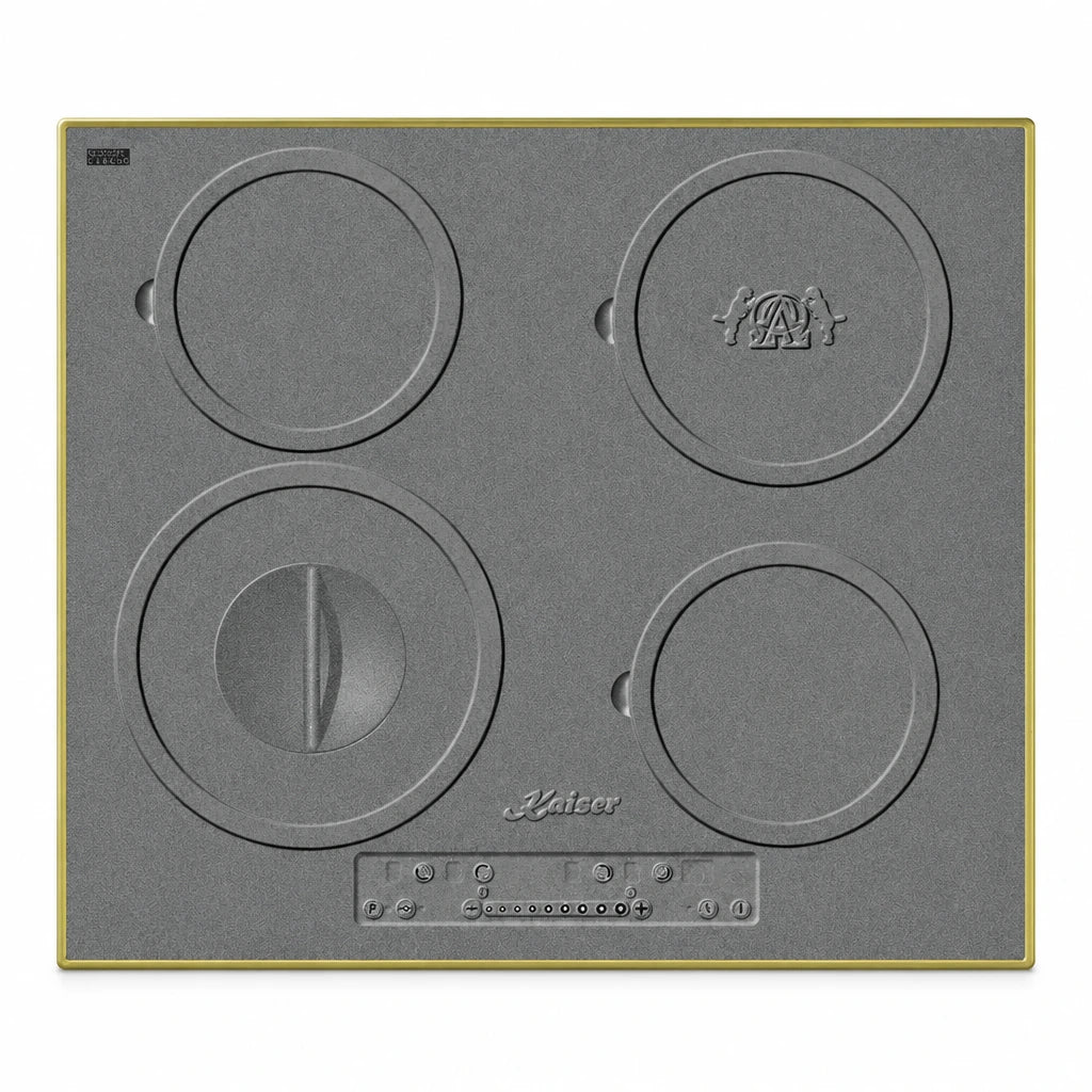 Kaiser KCT 6705 RI Herd grey four-zone induction hob with antique-gold frame and front touch controls on white background