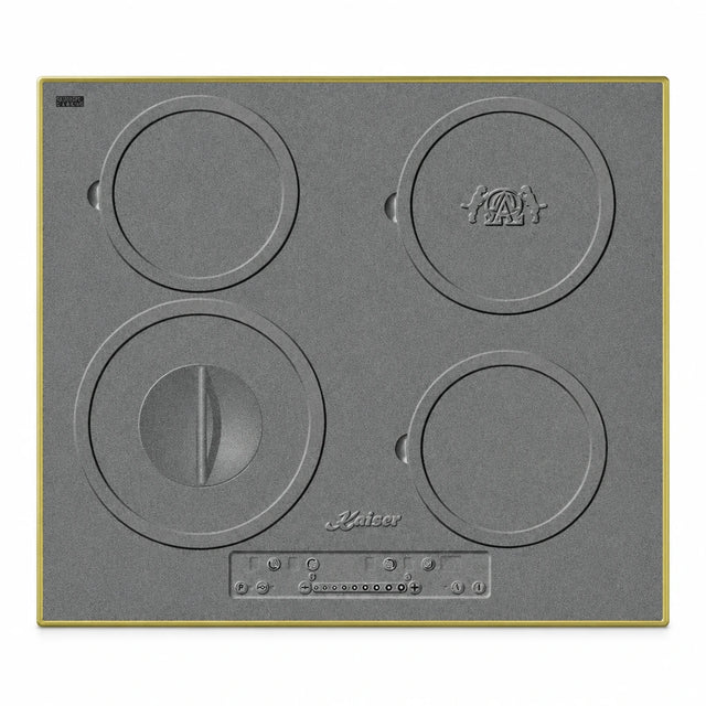 Kaiser KCT 6705 RI Herd grey four-zone induction hob with antique-gold frame and front touch controls on white background