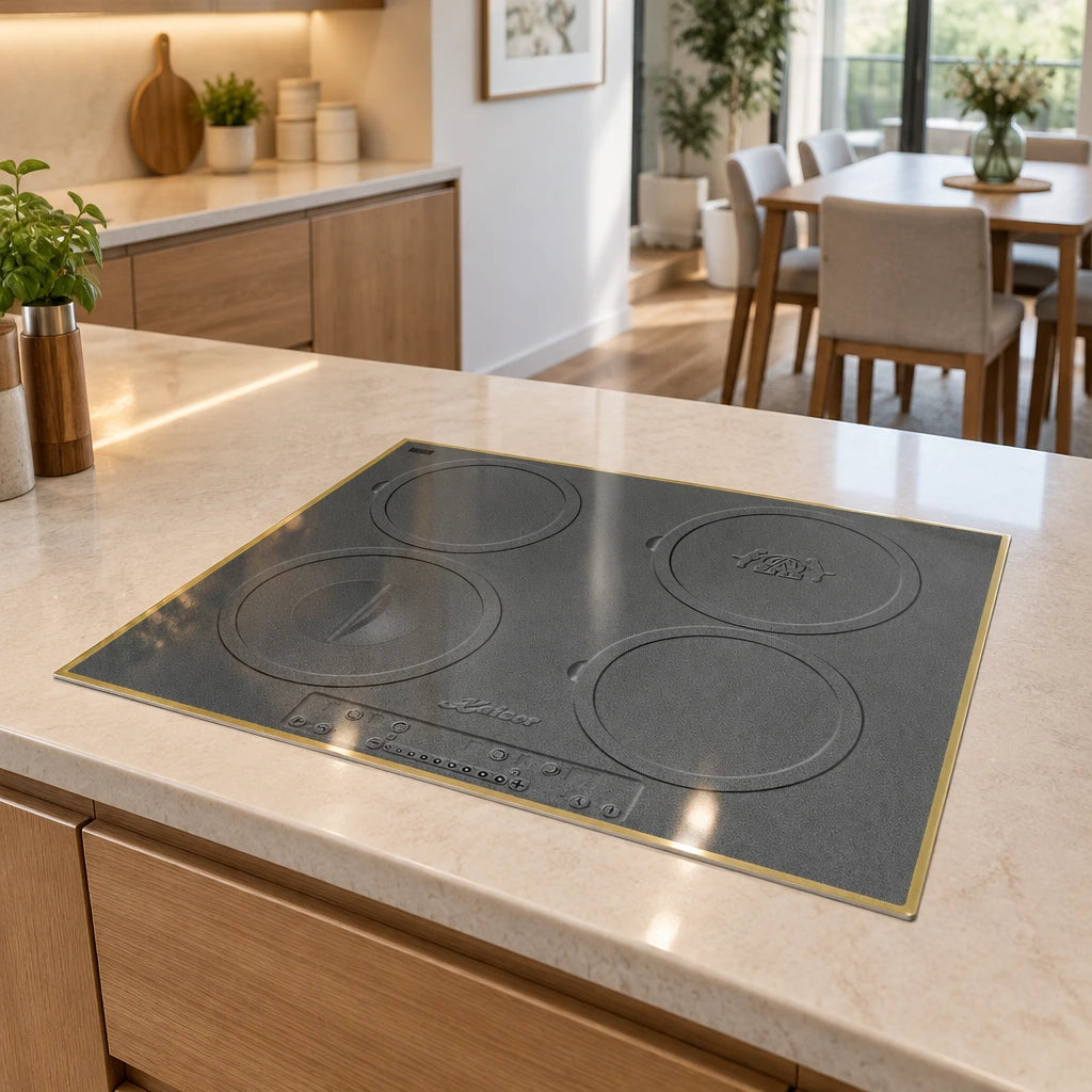Kaiser four-zone antique-gold induction hob installed in a contemporary apartment kitchen peninsula