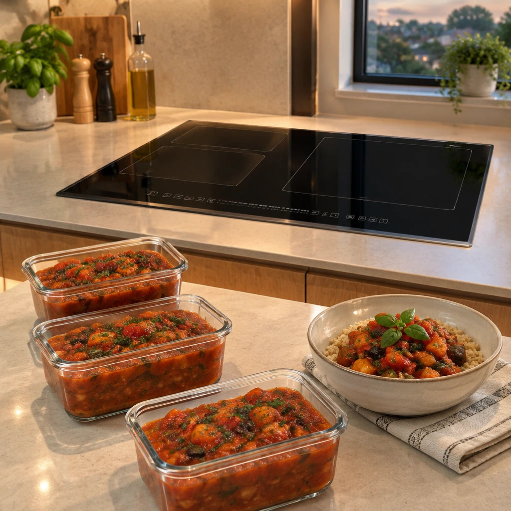 Finished sauce portions beside a clean Kaiser black induction hob in an organised contemporary kitchen