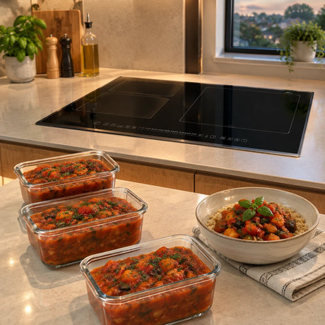 Finished sauce portions beside a clean Kaiser black induction hob in an organised contemporary kitchen