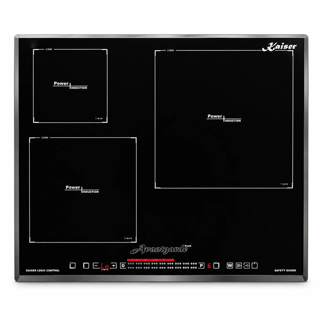 Kaiser KCT 6536 FI Avant black 60cm induction hob with three cooking zones and front slider touch controls on white