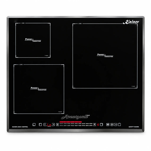 Kaiser KCT 6536 FI Avant black 60cm induction hob with three cooking zones and front slider touch controls on white