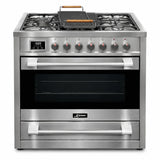 Kaiser Avantgarde Pro 90cm stainless steel and black freestanding gas cooker with five burners, rotary controls, digital display and large oven.