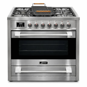 Kaiser Avantgarde Pro 90cm stainless steel and black freestanding gas cooker with five burners, rotary controls, digital display and large oven.