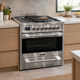 Kaiser 90cm freestanding gas cooker resting in a refined contemporary residential kitchen with stainless steel finish and black oven door.