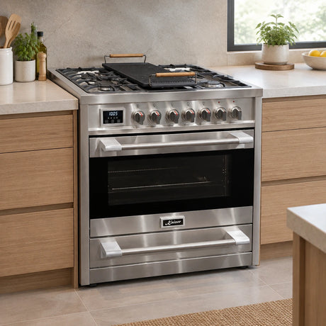 Kaiser 90cm freestanding gas cooker resting in a refined contemporary residential kitchen with stainless steel finish and black oven door.