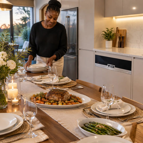 Ready dinner table with warmed serving plates and the closed Kaiser La Perle built-in warming drawer nearby