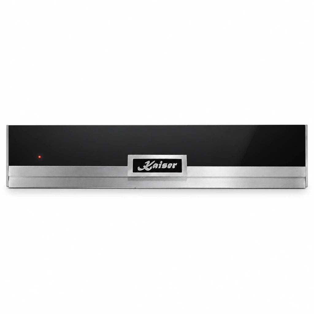 Kaiser La Perle EH 6314 GW built-in dish-warming drawer with black glass and stainless steel frame on white background