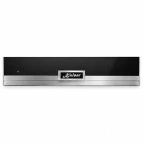 Kaiser La Perle EH 6314 GW built-in dish-warming drawer with black glass and stainless steel frame on white background