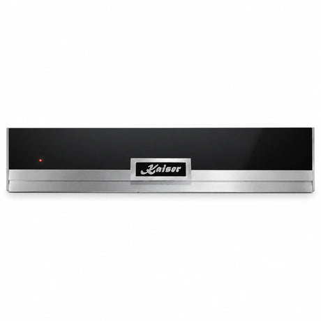 Kaiser La Perle EH 6314 GW built-in dish-warming drawer with black glass and stainless steel frame on white background