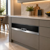 Kaiser La Perle built-in warming drawer installed beneath the worktop of a contemporary kitchen