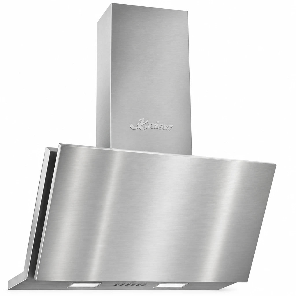 Kaiser Avantgarde Pro AT 9455 N Eco stainless steel 90cm angled cooker hood on a white background