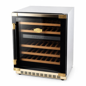 Kaiser Art Deco K 64750 AD 129L wine cooler with black glass door, gold hardware and wooden bottle racks on white background.
