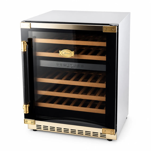 Kaiser Art Deco K 64750 AD 129L wine cooler with black glass door, gold hardware and wooden bottle racks on white background.