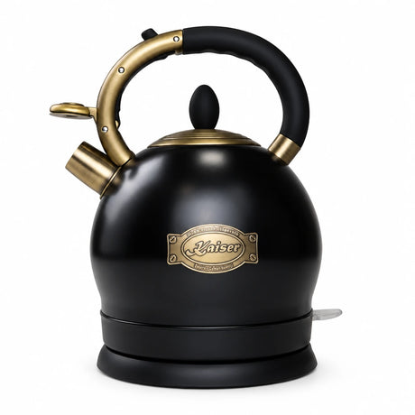 Black Kaiser Empire 2.0L electric kettle with arched handle, short spout and matching base on a white background.