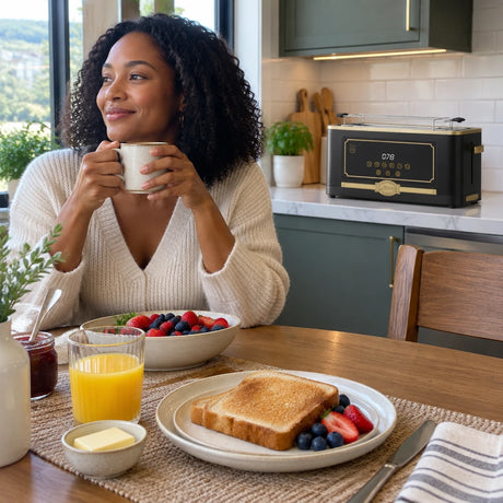 Prepared breakfast with toast on a plate and the black Kaiser Empire vintage electric toaster resting nearby in a bright dining nook.