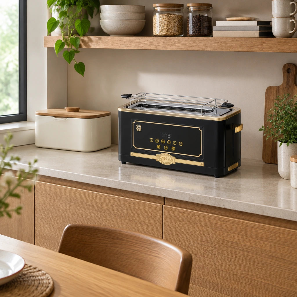 Black Kaiser vintage electric toaster resting on a refined home breakfast-station countertop beside a ceramic bread container.
