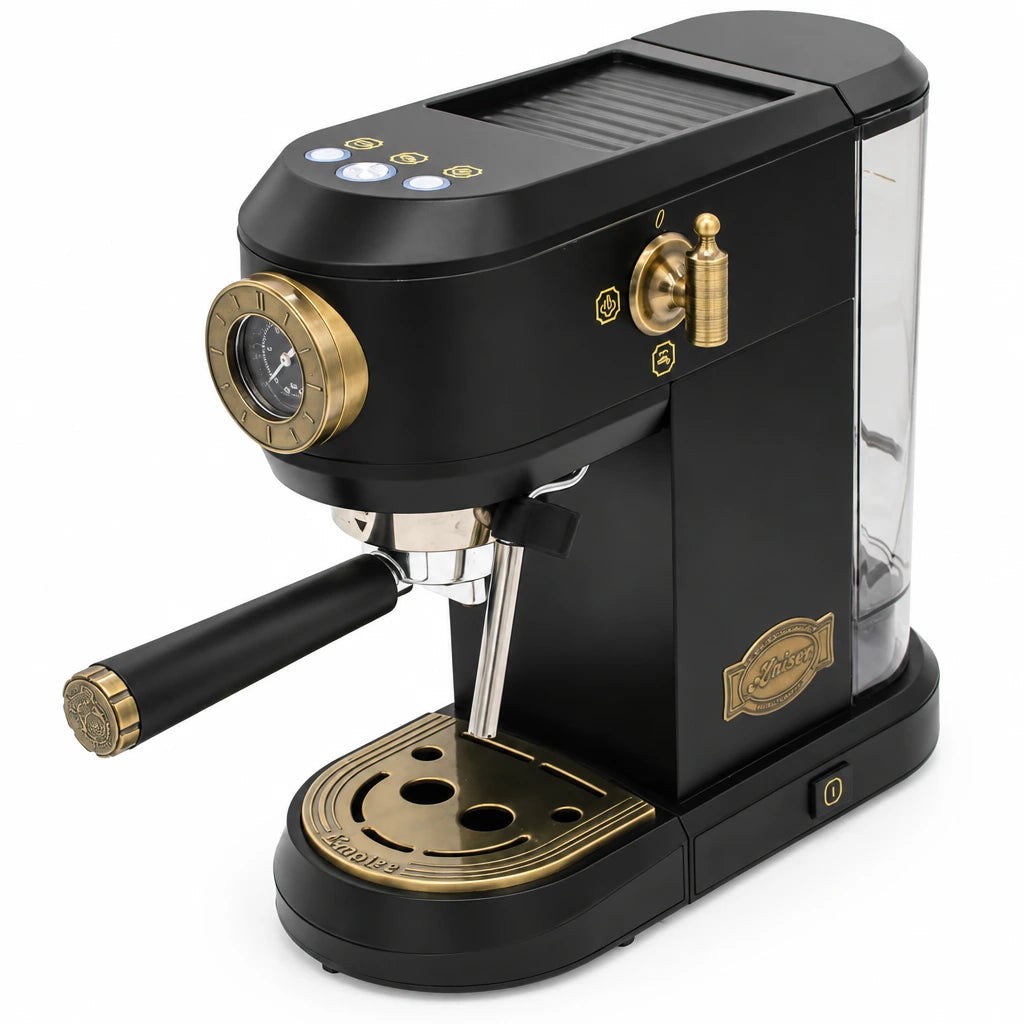 Kaiser black, ivory and Bordeaux Red 1.1L Empire espresso coffee machine with portafilter and illuminated controls on a white background