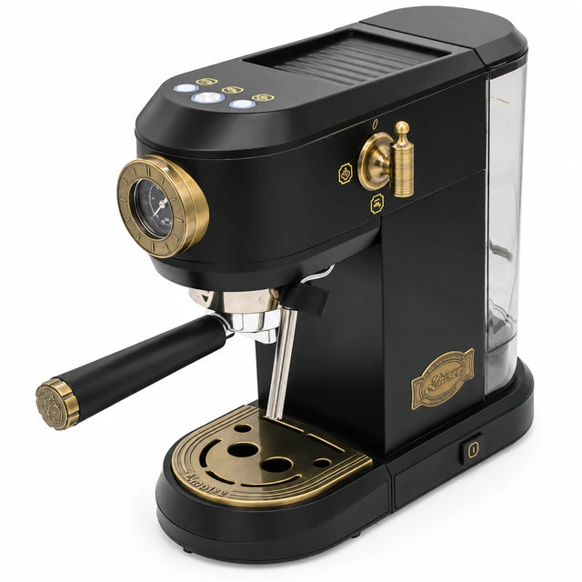 Kaiser black, ivory and Bordeaux Red 1.1L Empire espresso coffee machine with portafilter and illuminated controls on a white background