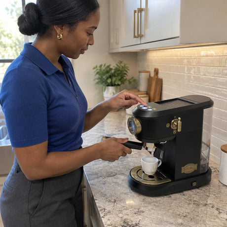 African American adult fitting a portafilter and preparing a single espresso with the black Kaiser Empire coffee machine at home