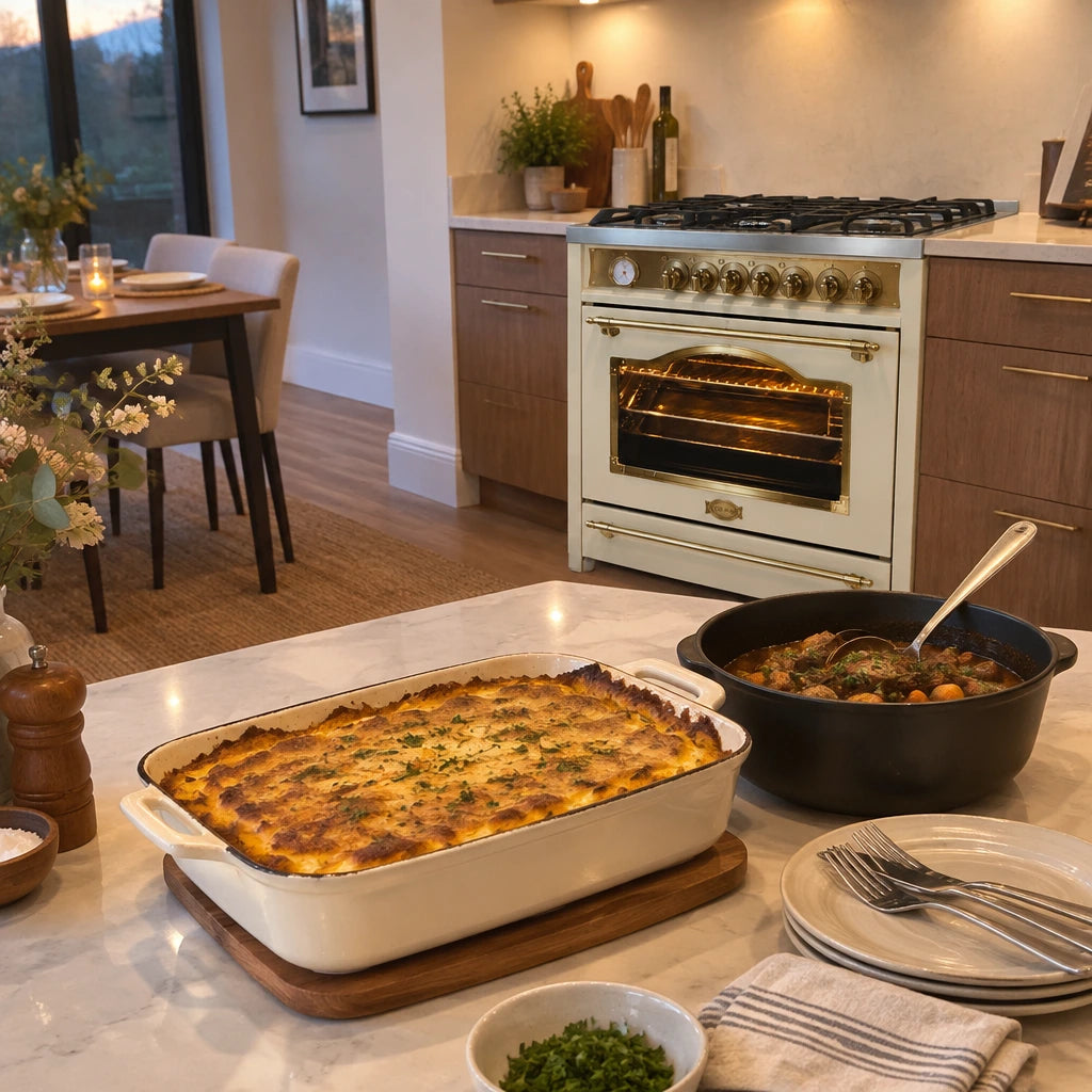 Finished browned dish and stovetop accompaniment ready to serve beside a closed ivory Kaiser Empire dual-fuel range cooker.