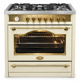 Ivory Kaiser Empire 90cm dual-fuel range cooker with five gas burners and multifunction electric oven on a white background.