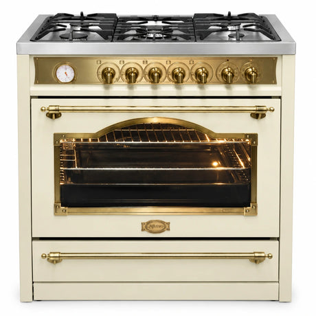 Ivory Kaiser Empire 90cm dual-fuel range cooker with five gas burners and multifunction electric oven on a white background.